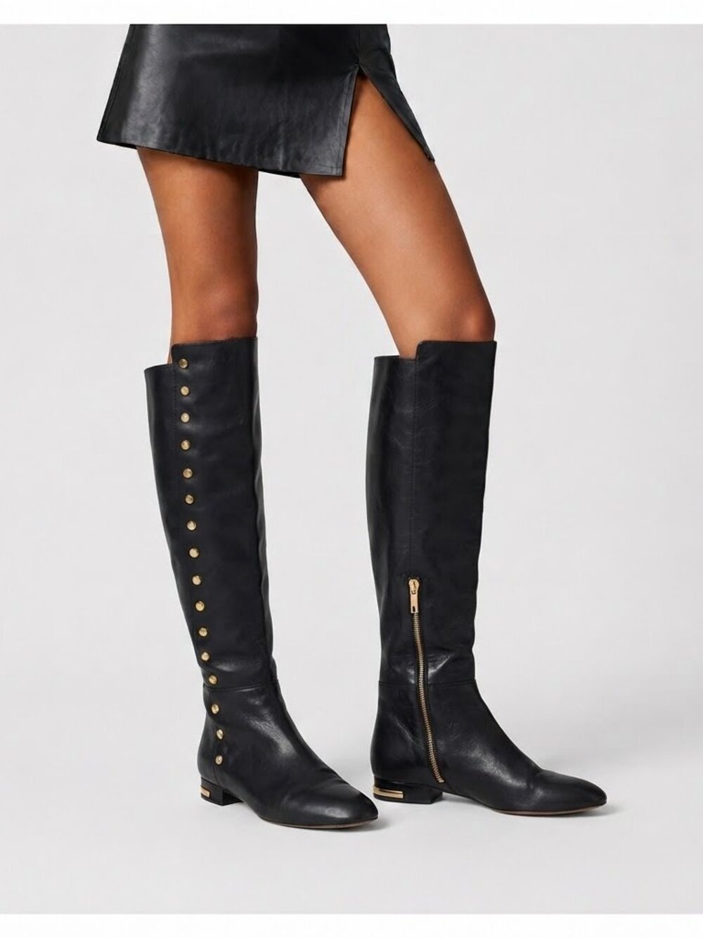 Michael Kors Women's 8.5M Black Gold Stud Leather Knee High Flat Boots 18''tall